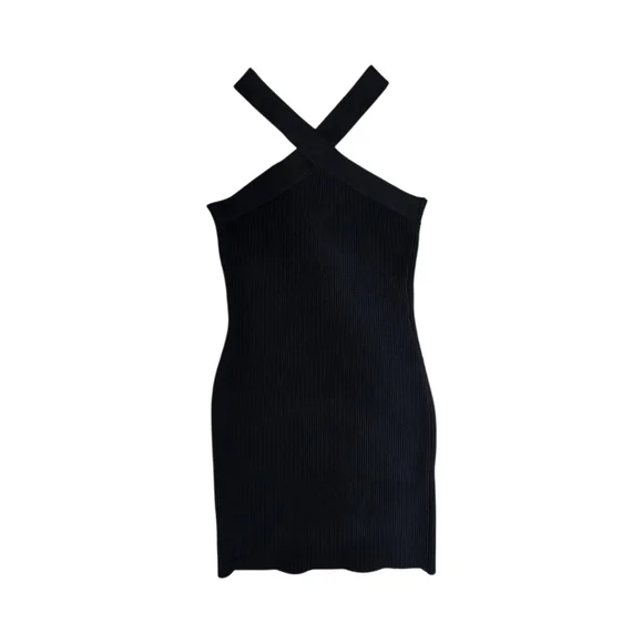 House Of Harlow 1960 Black Mini Ribbed Dress Criss Cross Neck Size Medium - Picture 5 of 8